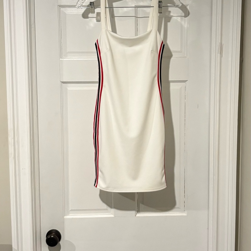 Blue‎ Blush Small  White Mini Dress with Red & Black Side Stripes